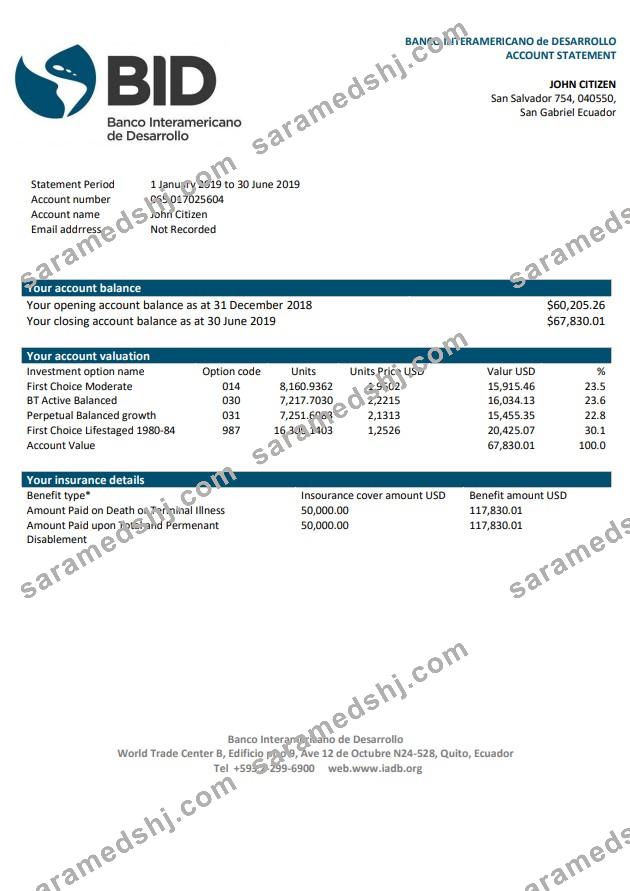 Ecuador Banco Interamericano de Desarrollo (BID) bank statement